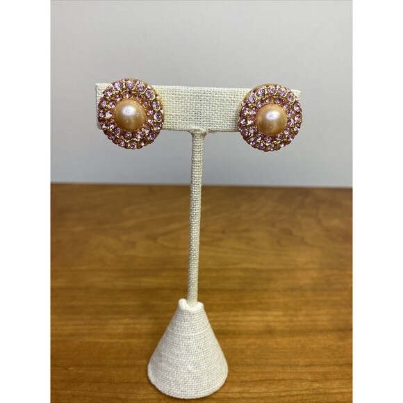 Joan Rivers Pink Rhinestone & Faux Pearl Clip On Earrings - Picture 4 of 10